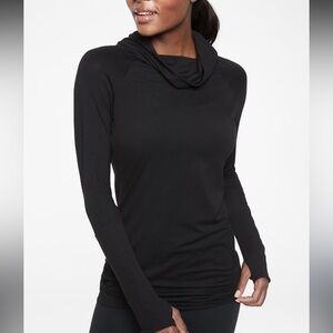 Athleta Essence Hooded Shirt Women’s XXS Tunic Top Black Cowl Neck Thumbholes E